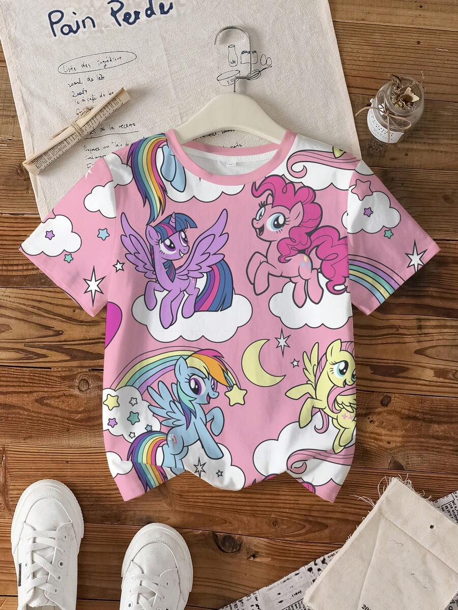 My Little Pony X SHEIN 少女卡通印花圆领短袖T恤 - 白色 - 查看 1
