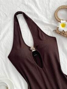 Flirla Women's Minimalist Bandage Textured Sexy Sheer Dark Brown Vacation Seashell Metal Decor Jumpsuit, Spring/Summer - Coffee Brown - View 5