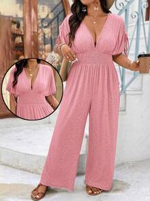 Weeklong Plus Size V-Neck Soft Knit Adjustable Shoulder Line Jumpsuit With Drawstring Waist, Casual Comfortable Outfit For Vacation - Pink - View 6