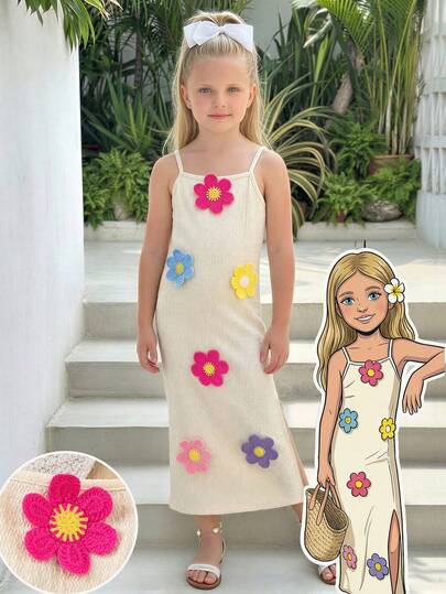 SHEIN Young Girl Solid Color Knitted 3D Floral Casual Slip Dress