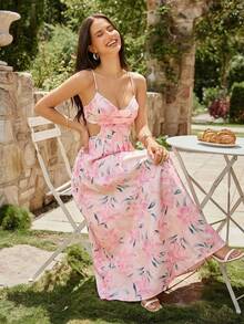 KARISMINA 女士休闲优雅浪漫印花露背吊带连衣裙，适合春夏婚礼 - 粉色 - 查看 5