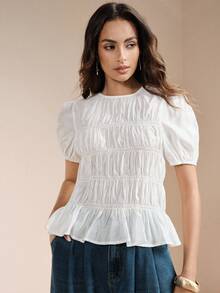 Arave 女士天丝面料修身花瓣袖褶裥收腰休闲通勤上衣 - 白色 - 查看 6