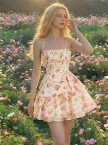 Skyraze Women's Orange Floral Summer Modest Picnic Cutout Chiffon Ruffle Tie Backless Layered Pleated Bust Mini Skirt Cottagecore Tea Party Dress, - Yellow - View 4