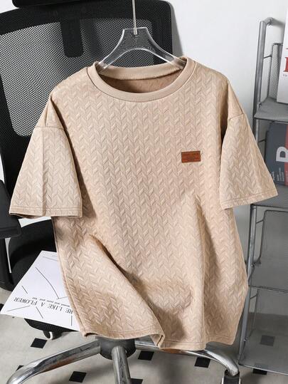 Teenage Boys' Summer Geometric Textured Fabric Sports Casual Loose Minimalist Fashion Short Sleeve T-Shirt With Small Embroidered Logo