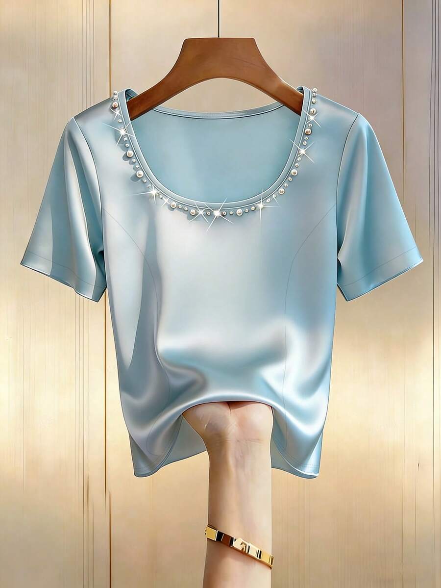 Lyxana Women's Summer Round Neck Sleeveless Fitted Waist Split Hem Beaded Luxurious Knit Shiny Casual Elegant Versatile Blue T-Shirt - Blue - View 1