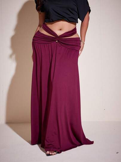 Viva Relle 大码女式优雅度假风纯色腰部镂空半身裙