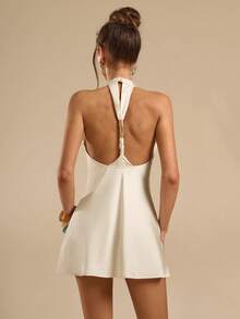 SHEIN BAE Women's Spring/Summer White Satin Halter Backless Metal Buckle Decor A-Line Mini Dress, Graduation Wedding Guest Holiday - White - View 1