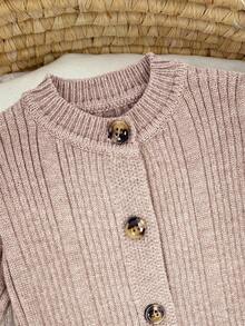 SHEIN 新生女婴可爱针织连体衣，带连脚裤和帽子套装，适合秋冬季 - 卡其色 - 查看 5