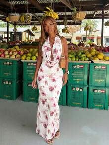 SHEIN Glamour Women's White And Pink Floral Backless Sleeveless Slim Maxi Dress,Bodycon Summer Casual Vacation Holiday Outfit For Beach,Wedding Party,Nightclub - Multicolor - View 1