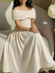 Đầm dài trễ vai xếp ly phối ren thanh lịch dành cho thiếu nữ, đầm dự tiệc, đầm lưới jacquard họa tiết hoa hồng phối ren, đầm xuân/hè. - Màu be - Xem 7