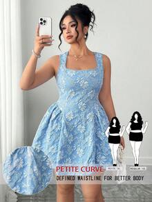 SHEIN PETITE CURVE 大码女士优雅收腰A字连衣裙，花卉提花面料，法式方领，适合日常穿着、约会、旅行、拍照等场合。 - 藍色 - 查看 1