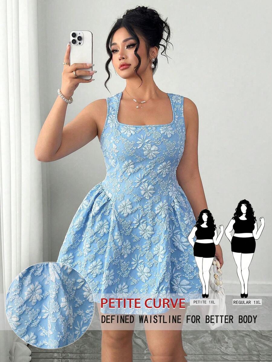 SHEIN PETITE CURVE 大码女士优雅收腰A字连衣裙，花卉提花面料，法式方领，适合日常穿着、约会、旅行、拍照等场合。 - 藍色 - 查看 1