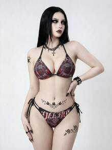 ROMWE Goth 女士印花露背系带性感比基尼套装 - 黑色 - 查看 1
