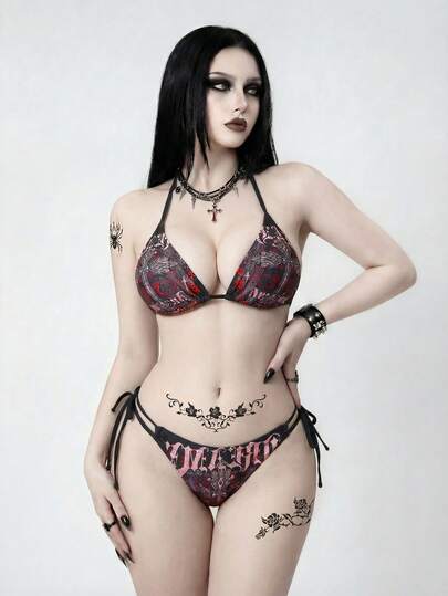 ROMWE Women's Floral Print Halter Tie Sexy Bikini Set Goth Swimsuit Emo Bikini Goth Bikini Summer Beach Gothic Swimwear Goth Bikini Gothic Bathing Suit Emo Bikini Studded Bikini