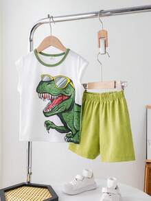SHEIN Summer Cute Print Round Neck Sleeveless Top And Shorts Set - Green - View 8