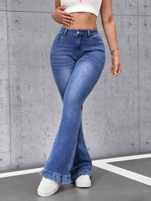 SHEIN Tall 女士高腰口袋休闲百搭喇叭牛仔裤 - 中等水洗藍 - 查看 5