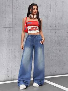 SHEIN Tall Quần jeans nữ ống rộng, cạp chun, có túi, dáng rộng, thoải mái, kiểu dáng thường ngày. - Màu xanh lam - Xem 5