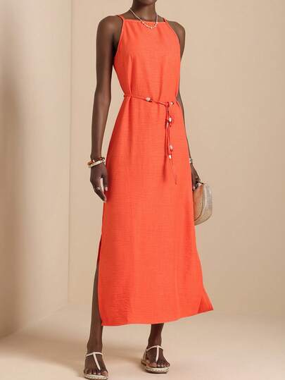 Vesra Orange Spaghetti Strap Slit Pearl Waist Belt Dress For Women, Vacation