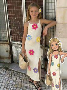 Emery Rose Kids Emery Rose Kids 女童纯色针织3D立体花卉休闲吊带裙 - 杏色 - 查看 7