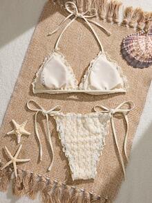 Swim Mod Bộ bikini hai mảnh mùa hè mới dành cho nữ, chất liệu ren hoa, họa tiết hoa dễ thương, viền hoa gợi cảm, hở lưng, kiểu tam giác, buộc dây, thích hợp cho bãi biển, bơi lội và kỳ nghỉ. - Màu be - Xem 2