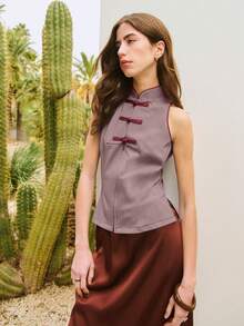 2026 Top sin mangas con cuello mao y ribete en contraste alrededor del cuello y las sisas.Para looks festivos, de resort, primavera y verano.Vacaciones de lujo, salidas, bodas, fiestas, festivales, vacaciones de verano. - Rosa vieja - Ver 3