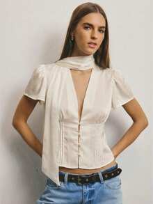 Aralina Lightweight Woven Fabric High Neck Scarf Detail Button Front Fitted Silhouette Summer Going Out Tops Cute Top - Beige - View 7