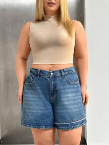 SHEIN Women Washed Detail High-Rise Plus Size Elastic Waist Denim Shorts - Navy Blue - View 6
