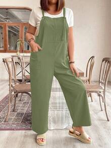Plus Size Women Casual Everyday Commute Solid Color Patchwork Pocket Jumpsuit - Green - View 3
