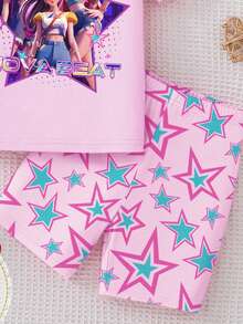 Piyama Anak Perempuan 1 Set, Warna Pink, Musim Panas, Peri, Liburan, Motif Grup Musik Wanita Malam, Kerah & Manset Warna Kontras, Rajutan Ketat, Lengan Pendek, Pas di Badan - Berwarna merah muda - View 4
