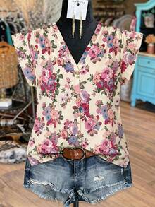 Linhara Blusa sin mangas con cuello en V, estampado floral y volante en el bajo, adecuada para primavera y verano, tallas grandes - Multicolor - Ver 5