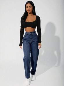 SHEIN PETITE Quần jeans cạp cao thời trang phong cách retro đa năng thường ngày thiết kế đơn giản - Màu xanh lam - Xem 4