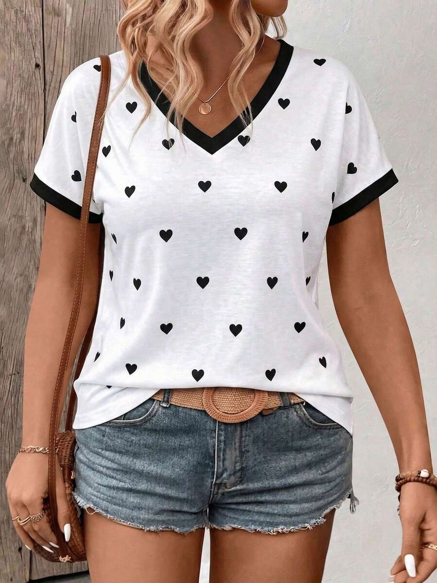 EMERY ROSE New Fashion Casual Versatile Contrast Color Collar Heart V-Neck Short Sleeve T-Shirt For Women - Multicolor - View 1