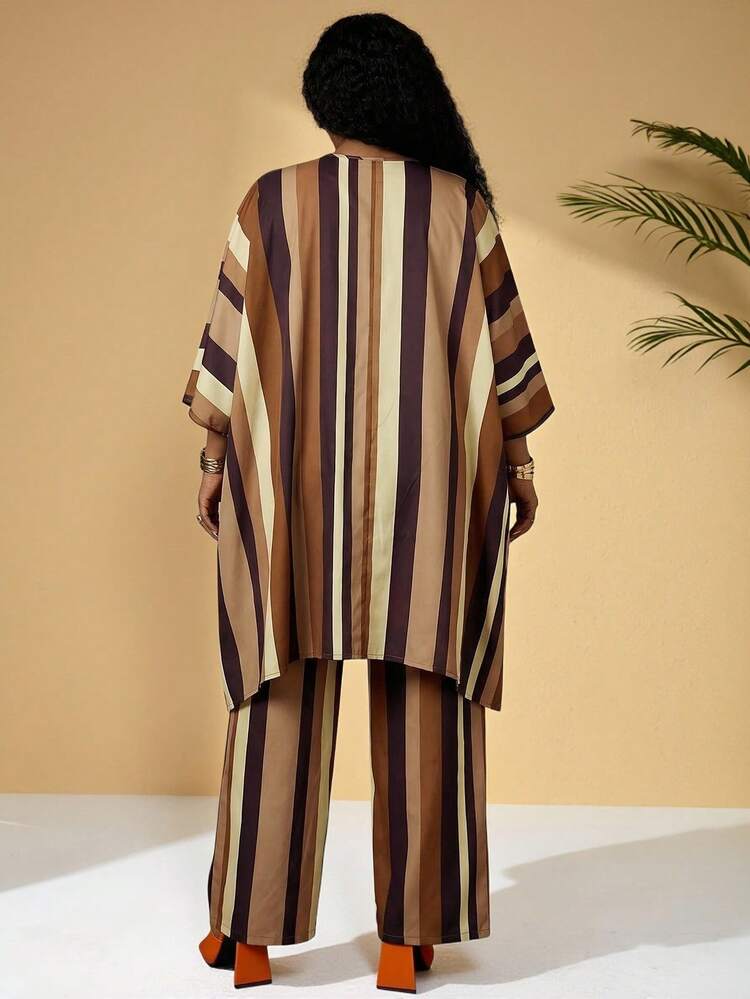 Plus Size V-Neck Batwing Sleeve Striped Loose 2 Pieces Set,Summer/Spring/Vacation