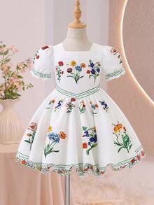 Glamorique Kids 春夏新款优雅甜美女童连衣裙，公主裙，白色底布，彩色复古花卉数码印花图案，方领短泡泡袖收腰连衣裙，适合甜美可爱的小女孩，尽显优雅高贵气质，田园风情。 - 白色 - 查看 6