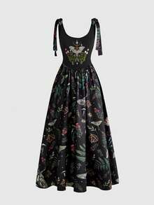 ROMWE Nature-Inspired Gothic Moth, Mushroom, Floral Embroidered Fitted A-Line Dress - Black - View 1