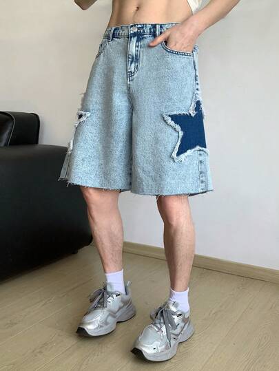 Quần short denim dáng rộng thoải mái màu xanh dương họa tiết sao biển, phong cách thường ngày vintage cá tính, thích hợp cho mùa xuân hè, các lễ hội và hoạt động đường phố.