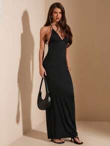 SHEIN BAE 女士黑色极简性感露背紧身连衣裙，黑色连衣裙 - 黑色 - 查看 3