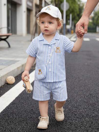 Souflis Souflis 法国夏季新款男婴“Babyboys”清新套装，Polo领开衫短袖条纹印花上衣搭配同款短裤，饰以精致小熊刺绣，休闲风格，适合户外玩耍、居家舒适和休闲聚会。