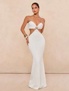 Lumalex 女士纯色金属装饰镂空性感约会中长款透明吊带裙 - 白色 - 查看 12