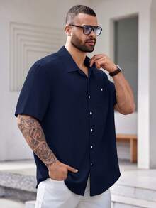 EASEVO 大码梭织休闲短袖衬衫 - 藏蓝色 - 查看 3