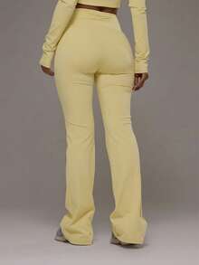 Musera Sport Curved Back Waistband Mid Rise Flared Active Leggings Only Sport Workout Gym Pilates Fitness Daily Casual - Butter Yellow - View 4