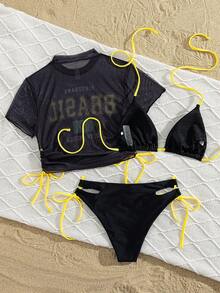 Swim SXY Women Black Summer Cute Brazil Flag Mesh Cover Up 3 Pieces Set,Halter Bikini Top & Hollow Drawstring Bottoms,Beach Party Holiday Hawaii Rave Outfits - Multicolor - View 2