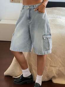 Livesso 女士工装口袋阔腿宽松休闲牛仔短裤 - 淺色水洗藍 - 查看 1
