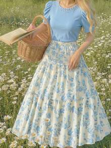 Sparklyn 2 件套花卉印花 A 字长裙，优雅，少女夏季泡泡袖，珍珠装饰领，简约风格 - 淺藍色 - 查看 1