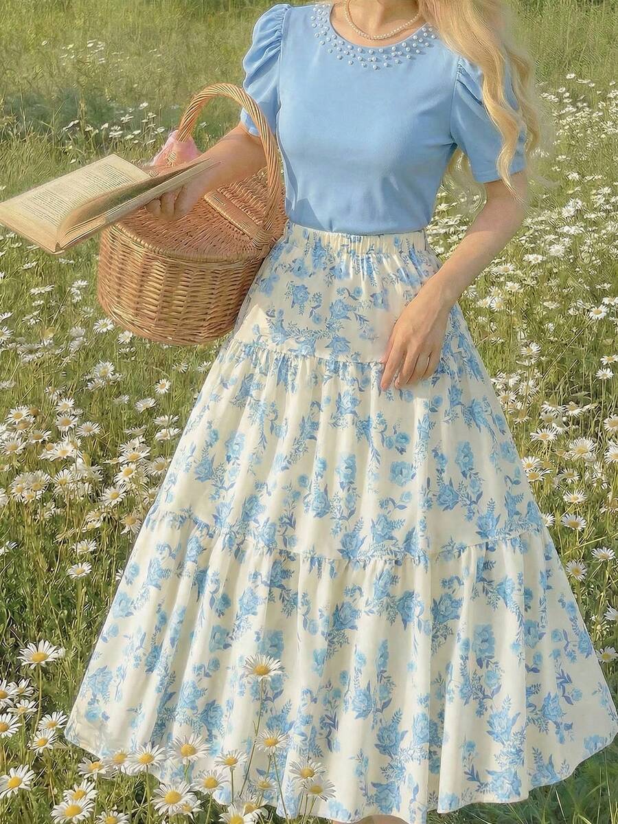 Sparklyn 2 件套花卉印花 A 字长裙，优雅，少女夏季泡泡袖，珍珠装饰领，简约风格 - 淺藍色 - 查看 1
