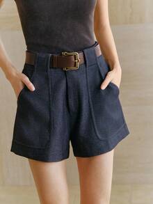 Anewsta Shorts Femininos de Cintura Alta Casual com Cinto Destacável e Abotoamento Duplo, Azul Marinho, Adequado para Primavera e Verão - Azul Marinho - Visão 4
