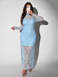 Viva Relle 大尺碼女款淺藍色夏季優雅婚禮賓客高領透視蕾絲貼身洋裝與細肩帶洋裝兩件套，長袖 - 淺藍色 - 查看 3