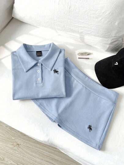 Elamini Women's Casual Minimalist Polo Collar Horse Embroidery Fitted T-Shirt + Mini Low-Waist Skorts Set