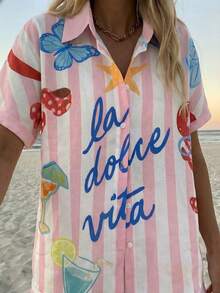 Vaclyn 女士夏季度假休闲印花衬衫短裤两件套 - 淺粉色 - 查看 6