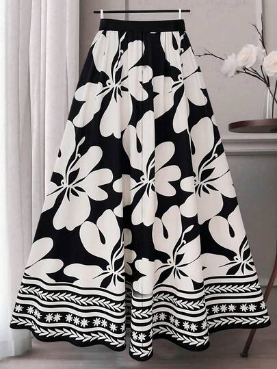 GlowEve CURVE Plus Size Women Floral Print A-Line Skirt, Minimalist Elegant Office & Casual Dress Black And White Floral Skirt
